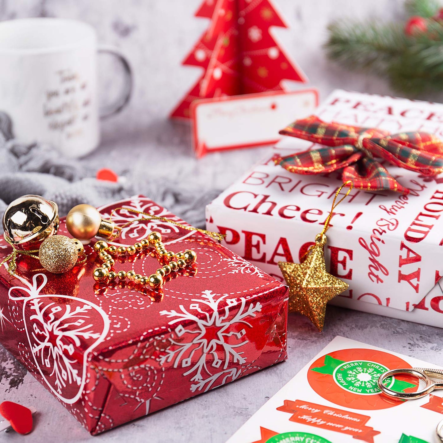 30 Inch Christmas Wrapping Paper Set - Jumbo Roll Red and White Christmas Design with Metallic Foil Shine - 4 Rolls - 30 inch x 120 inch Per Roll