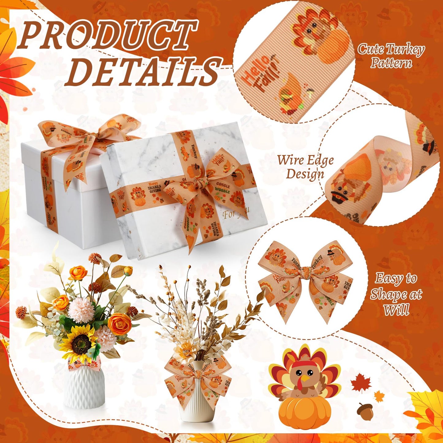 Chuangdi Turkey Print Ribbon 1.5 Inch 20 Yards Grosgrain Fall Ribbon Craft for Thanksgiving Party Decor Hair Bows Headbands Making and Craft Wrapping