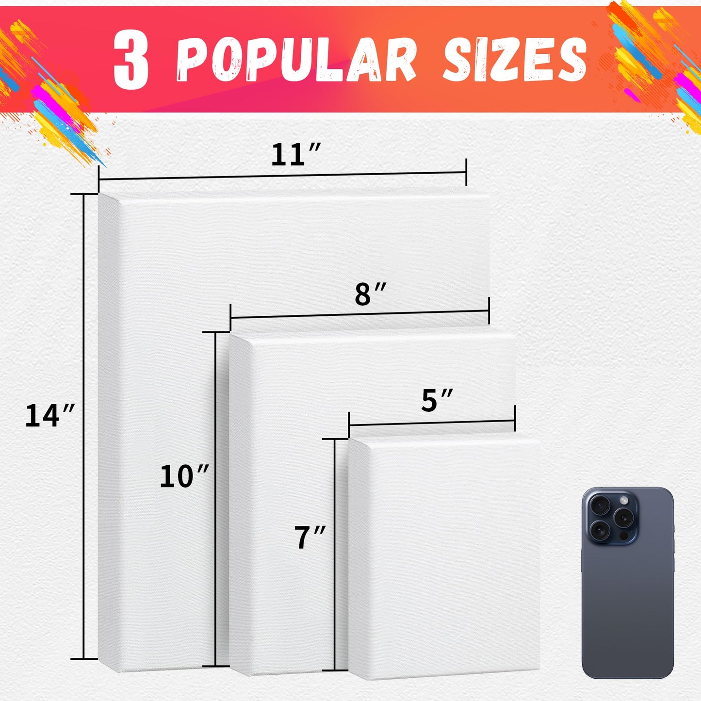 Stretched Canvas for Painting, 5"x7", 8"x10", 11"x14", Pack of 3, Pre-Primed Canvases Wood Framed, Blank White Painting Canvas Boards for Acrylic, Oil and Gouache Painting