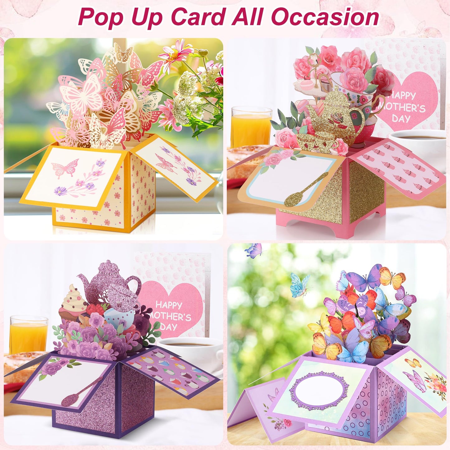 Giiffu 4 Pack 3D Pop Up Birthday Cards for Women, Butterfly & Floral Tea Party Designs, Pop Up Flower Bouquet Cards with Envelopes & Notes, Birthday, Mothers Day, Thank You Cards