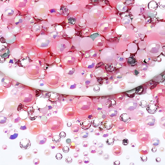 60g Mix Pearls and Rhinestones for Crafts, 2mm-10mm Pink Pearl Rhinestones for Shoes Nails Face Art, Tumbler Bedazzling Half Pearls and Rhinestones Gems, with Picker Pen