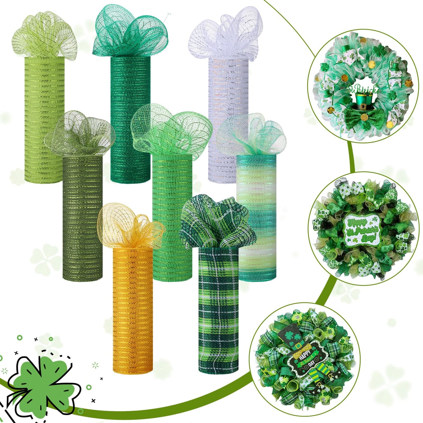 8 Rolls St. Patrick's Day Mesh Ribbon for Wreaths 10 Inch x 30 Feet Each Roll Decor Poly Metallic Foil Mesh Ribbon Decoration DIY Crafts Making Supplies for Spring Wedding