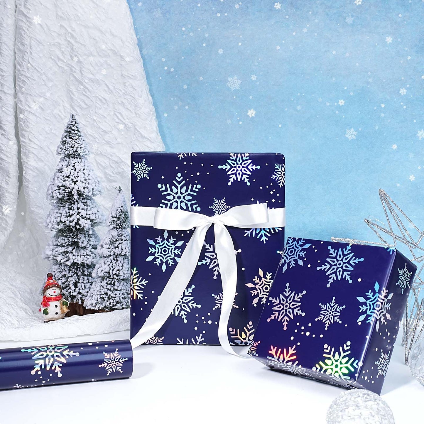 Navy Blue Christmas Wrapping Paper Roll, 17 Inch x 33 Feet, Holographic Foil Snowflake Design with Cutting Grid, Holiday Gift Wrap for Winter Birthday & Seasonal Party Decoration