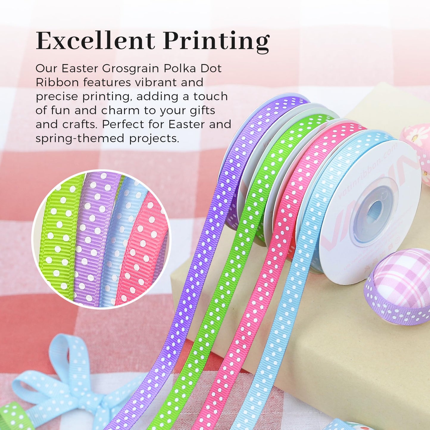 4 Rolls 3/8-Inch Easter Grosgrain Polka Dot Ribbon,Total 40 Yards,(Hot Pink/Blue Mist/Hyacinth/Apple Green),Spring Ribbon Use for Gift Wrapping