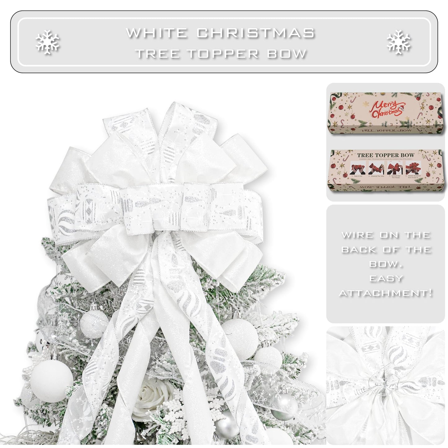 Hismir Christmas Tree Topper Bow，53x13 Inches Large Christmas Bow with Glitter Streamer and Patterned Ribbon，Decorative Bows for Xmas Tree Wreath Door Festival Home Decor(White)