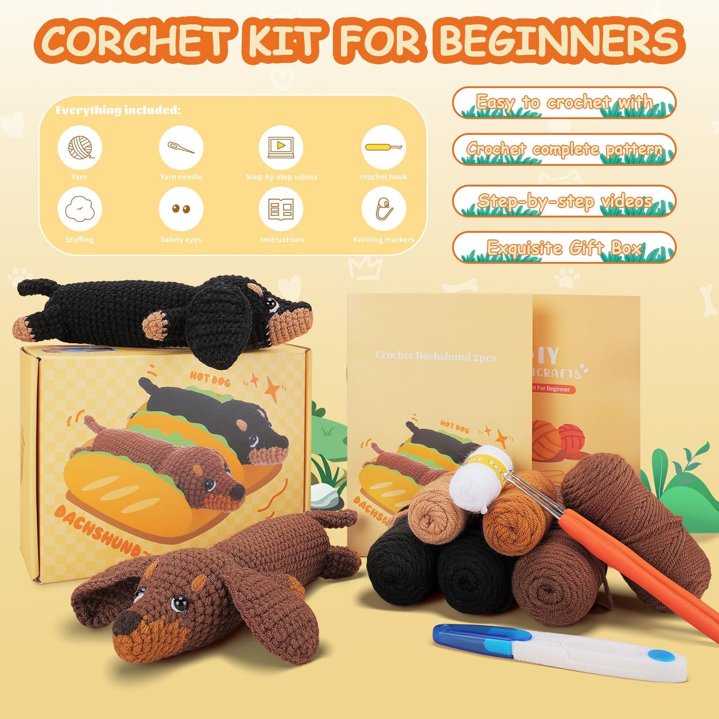 Crochet Kit for Beginners - 2 PCS Dachshund Crochet Kits with Step-by-Step Video Tutorials, Beginner Crochet Kit for Adults Kid, Crochet Animal Kit, Dog Craft Knitting Kit Crochet Gifts