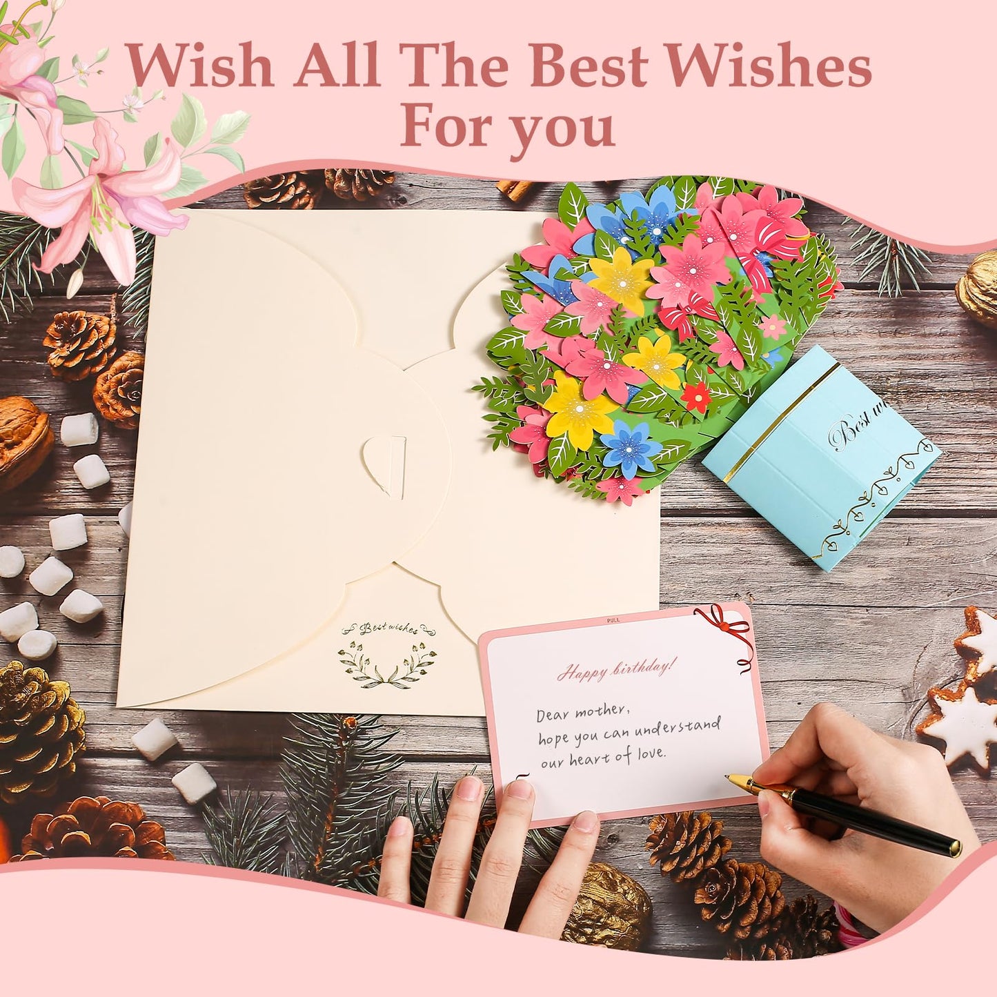 3 Pack Paper Flower Pop Up Cards,Forever Bouquet 3D Popup Paper Greeting Cards with Note Cards and Envelopes for all occasion,Mother's Day Gift,Birthday,Valentine,Christmas(Cherry Blossoms+Lily+Rose)