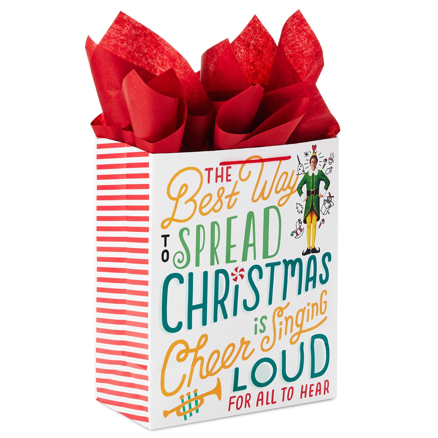 13" Large Elf Gift Bag with Tissue Paper (Movie Quote: "The Best Way to Spread Christmas Cheer…") for Kids, Grandchildren, Adults