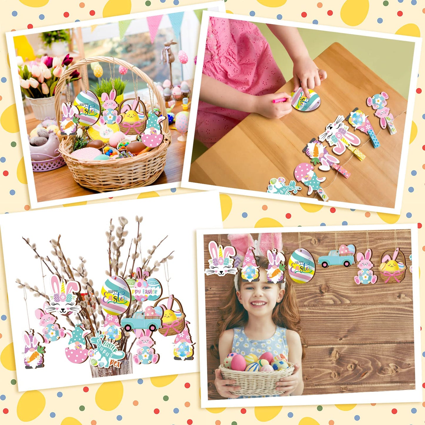 Chunful 30 Pcs Happy Easter Wooden Ornaments with Ropes Spring Egg Gnome Bunny Carrot Basket Holiday Easter Decorations Wood Bunny Ornament Embellishments Decorative Hanging Ornaments for Party