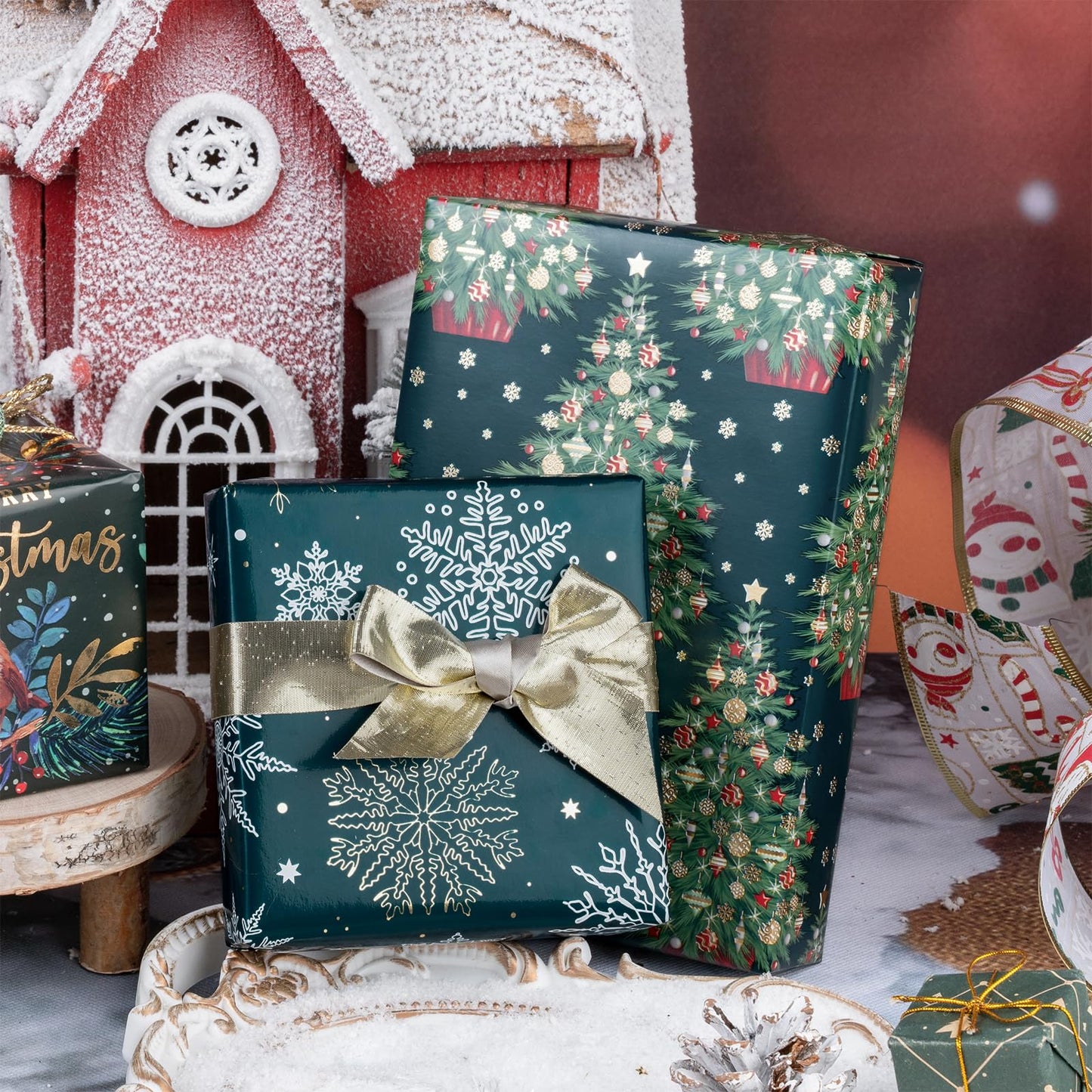 Christmas Wrapping Paper Roll - Mini Roll - 3 Rolls - 17 Inch x 120 Inch Per Roll - Green Christmas Tree and Snowflake Holiday Design with Metallic Foil Shine