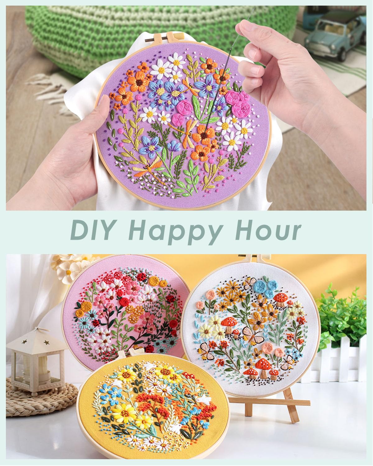 4 Sets Embroidery Kit for Beginners,Hummingbird and Flower Cross Stitch Set for Include Embroidery Cloth Hoops Threads for Craft Lover Hand Stitch (Flower)
