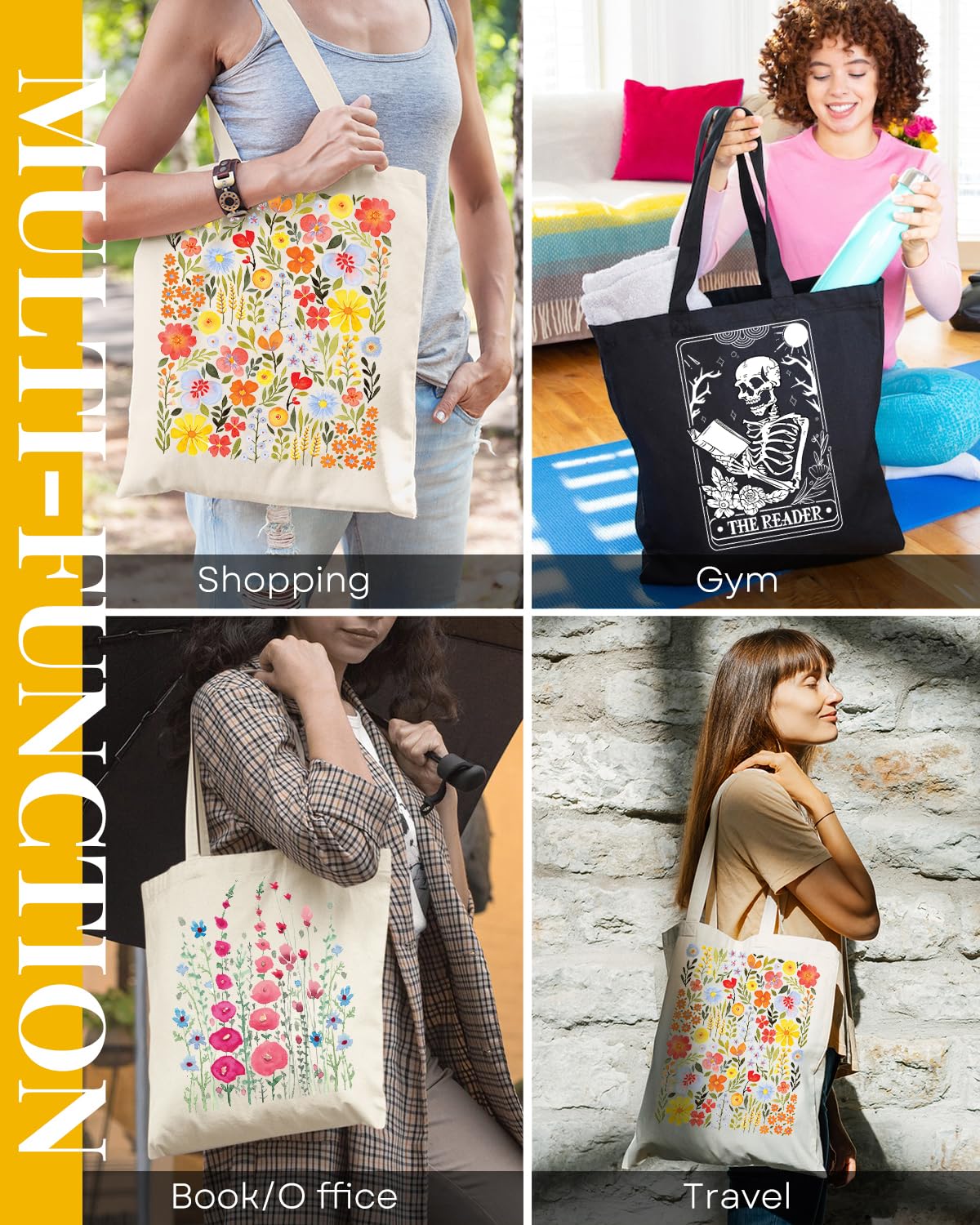 AUSVKAI Canvas Tote Bag Aesthetic for Women, Cute Yellow Wild Flower Reusable Cloth Cotton Bags for Shopping Beach Gifts