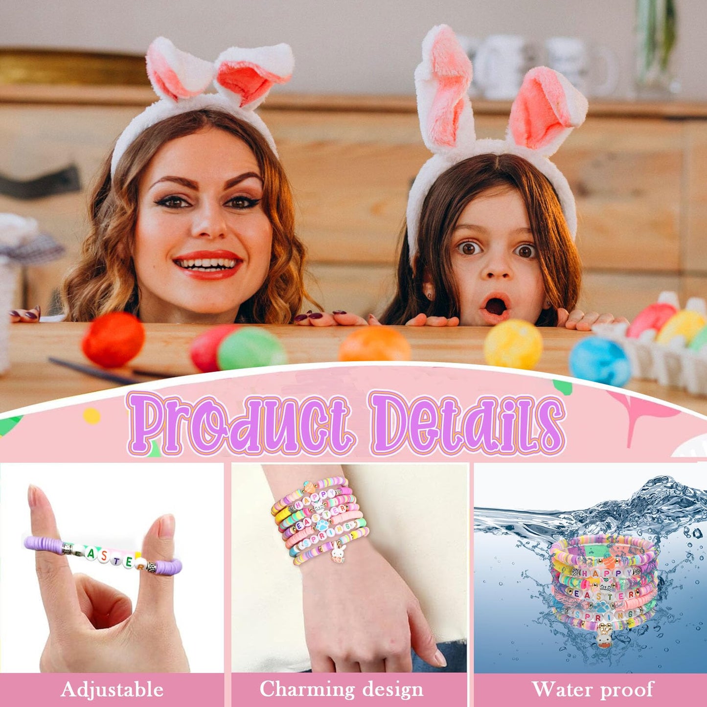7pcs Easter Heishi Bracelets Polymer Clay Elastic Bracelet Man Woman Party Easter Bunny Egg Bracelets (Easter Happy Bracelet)