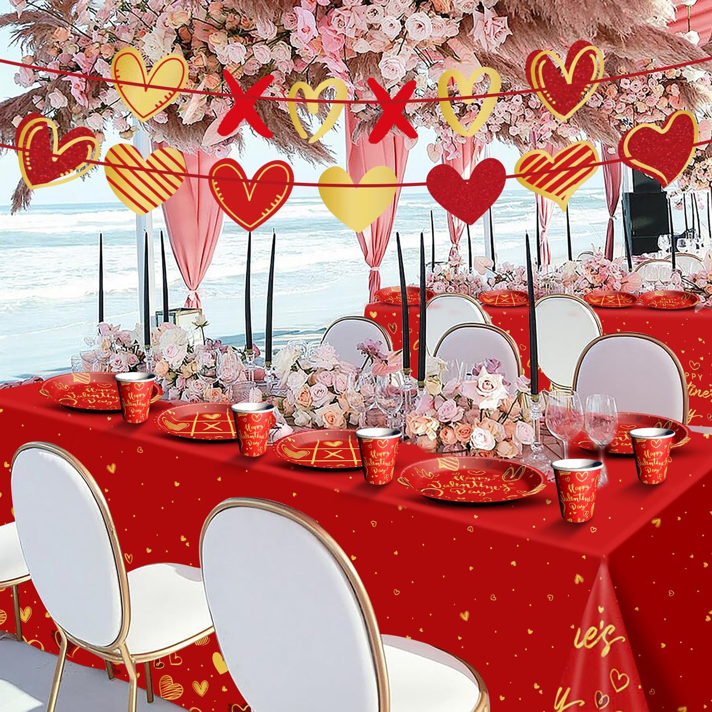 Valentine's Day Party Supplies Tableware Set Red Heart Love Paper Plates Napkins Cups Tablecloth Banner for Valentine's Day Party Decorations, Serves 24