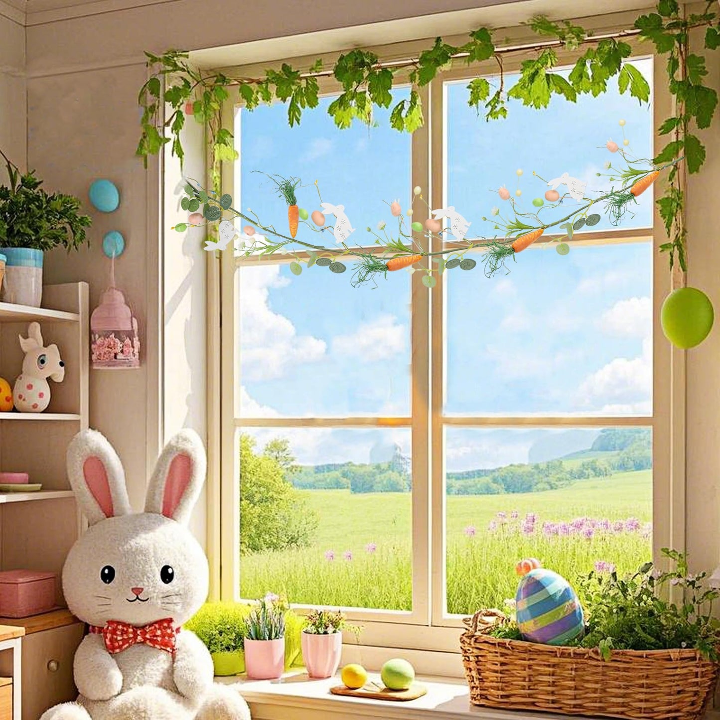 4 FT Easter Garland-Bunny & Carrot Garland Decorations for Mantle, Spring Artificial Garland with Easter Pastel Eggs for Indoor Home Fireplace Table Centerpiece Party Décor