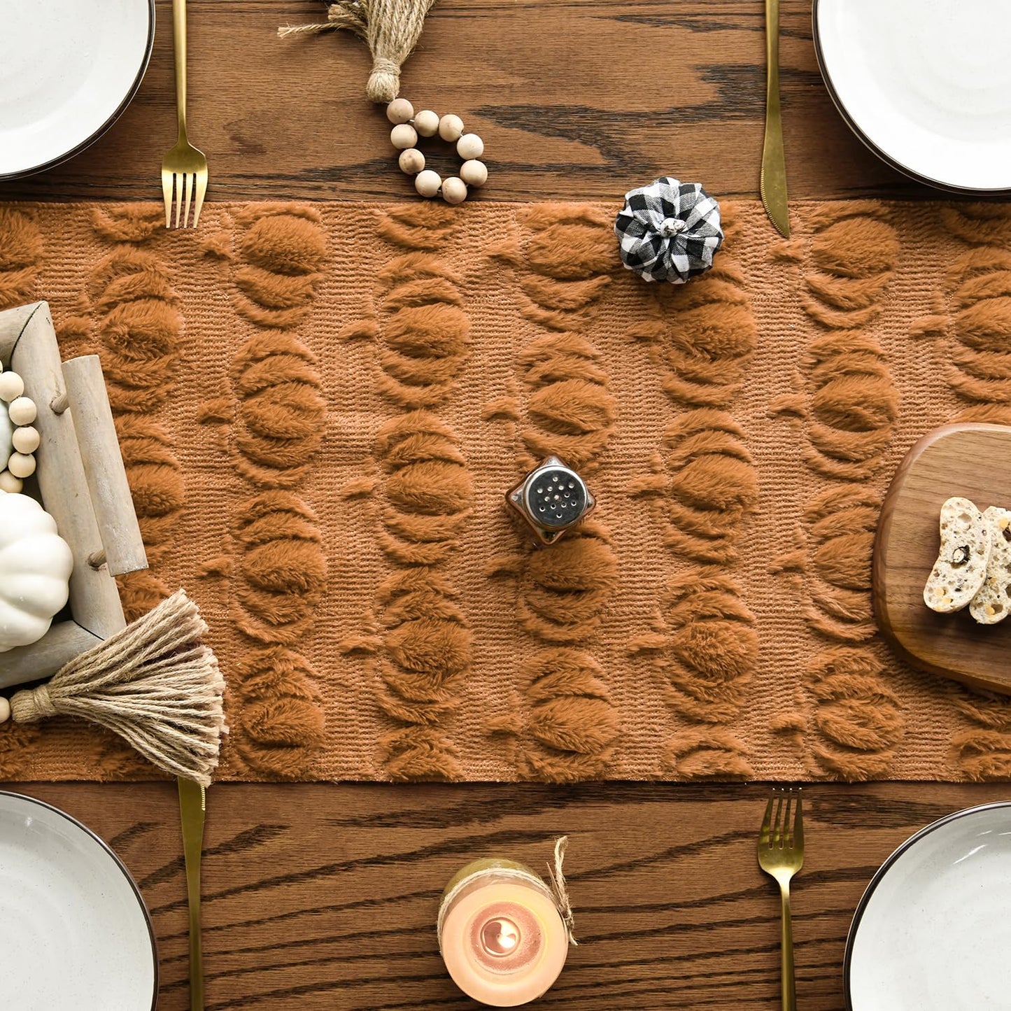 Caramel Soft Plush Faux Fur Jacquard Pumpkins Fall Table Runner, Seasonal Autumn Kitchen Dining Table Decoration for Home Party Decor 13x72 Inch