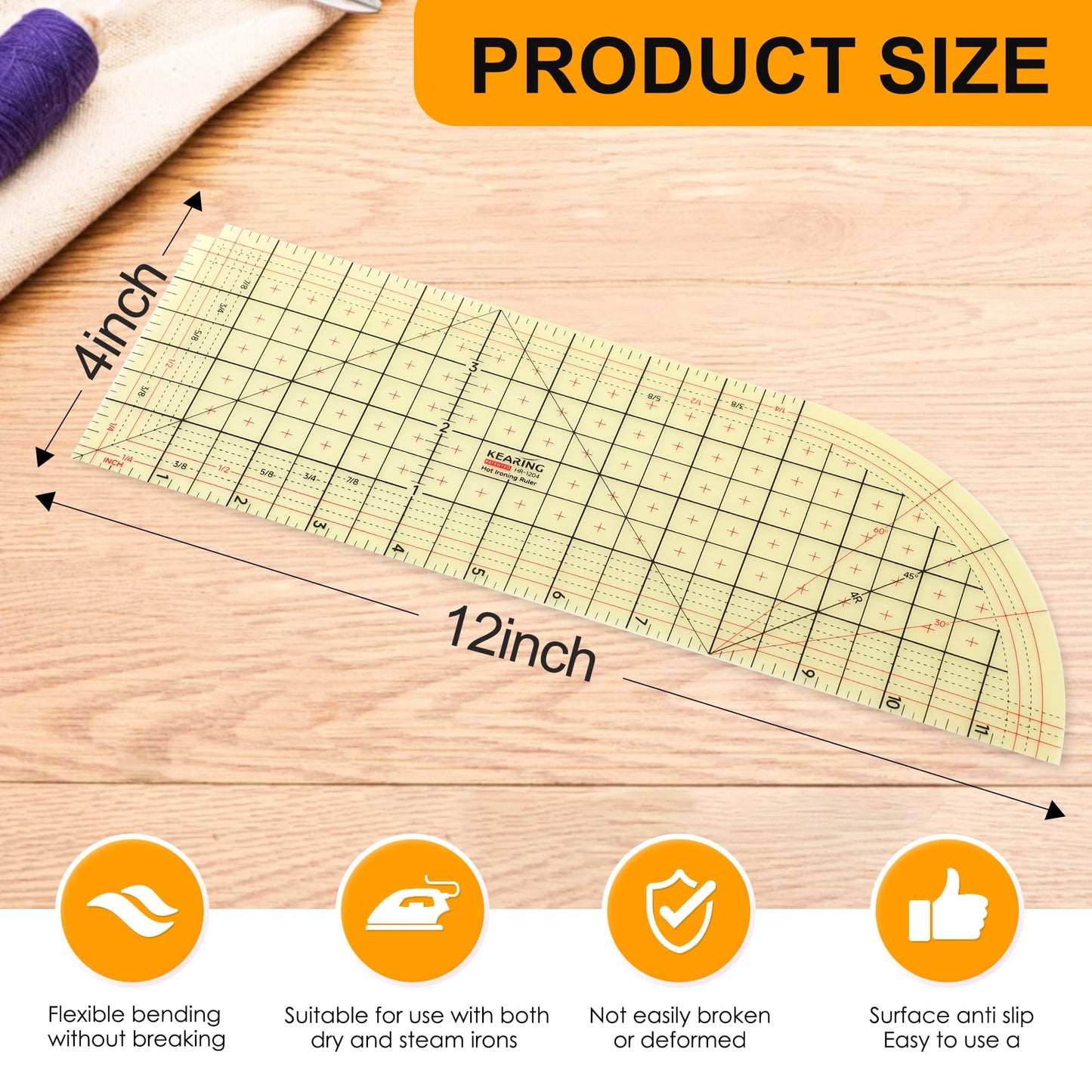 Curved Hot Ruler for Sewing, 12X4 Inch Hot Hem Ruler for Sewing Seam Guide Ruler Sewing Ruler and Guides for Fabric Hemming Tools Press with Dry or Steam