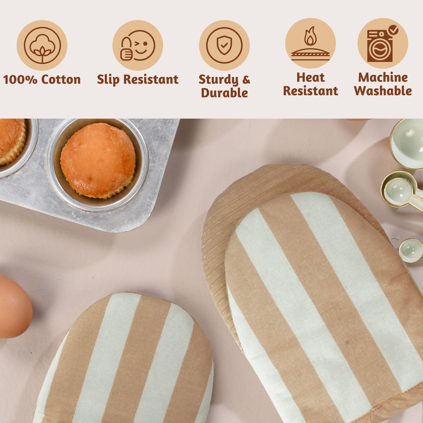Mini Oven Mitts Heat Resistant | (5.75 x9) Set of 2 Latte Short Oven Mitts with Hanging Loop | 100% Cotton Oven Gloves | Kitchen Mittens, Latte Small Silicone Oven Mits
