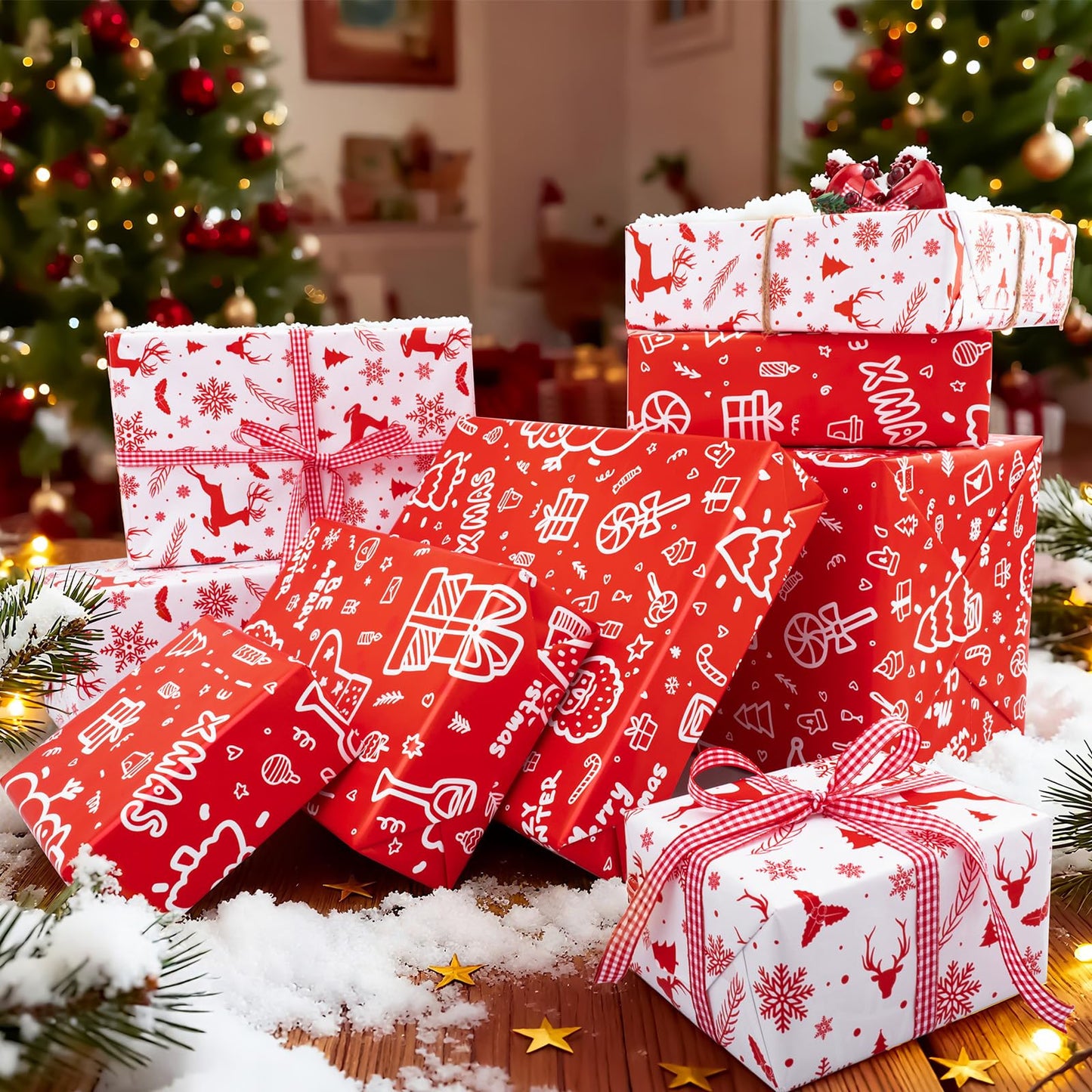 Reversible Christmas Wrapping Paper, Santa Gift Wrapping Paper Roll, Red White Reindeer and Snowflake Wrapping Paper for New Year, Holiday, Party, 17 Inch X 32.8 Feet