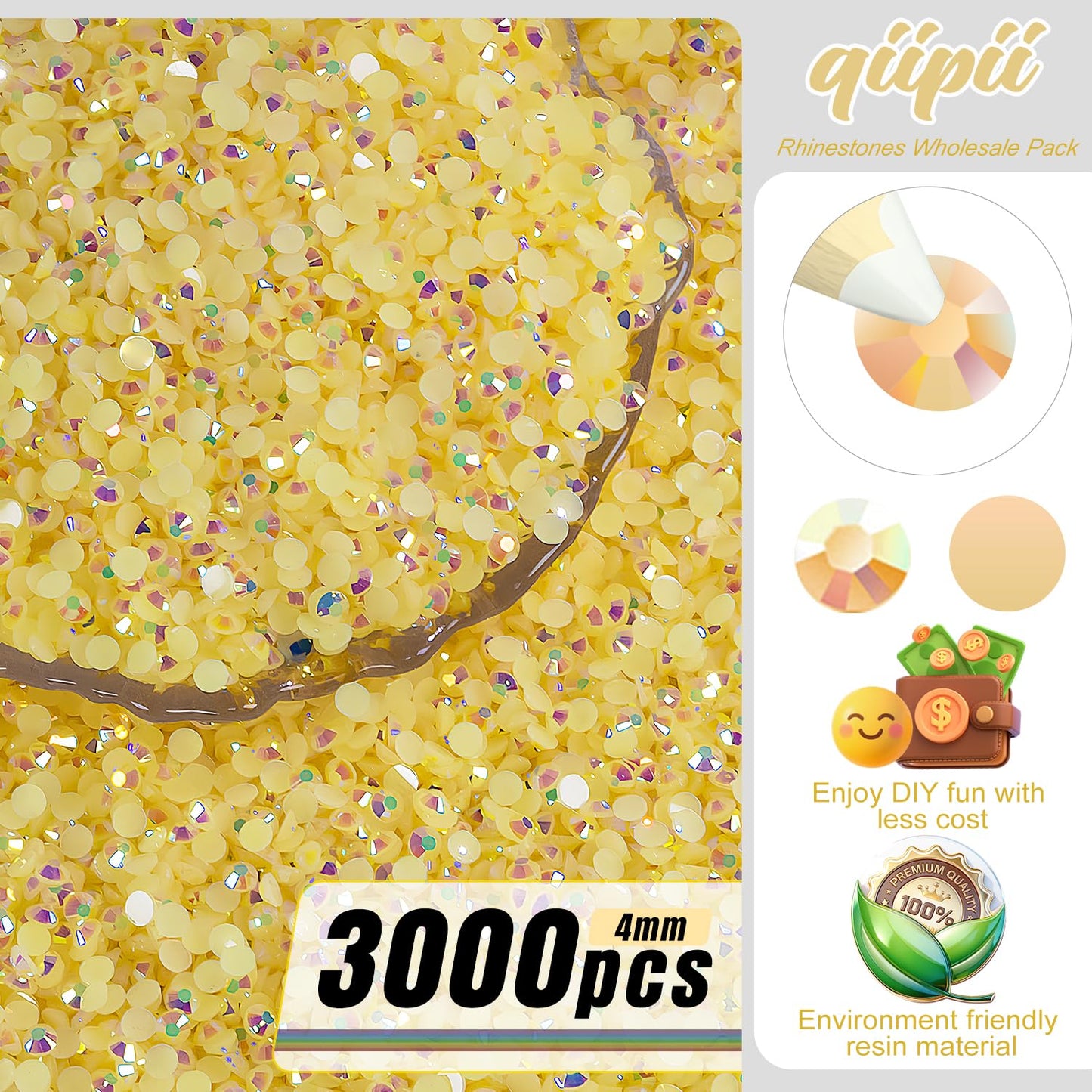 qiipii 3000PCS 4mm Champagne AB Resin Rhinestones for Crafting Light Yellow AB Flatback Jelly Stones Bulk SS16 Diamonds Gems Chams for Nails Face Eye Makeup Tumblers DIY Crafts Decor Clothes Shoes