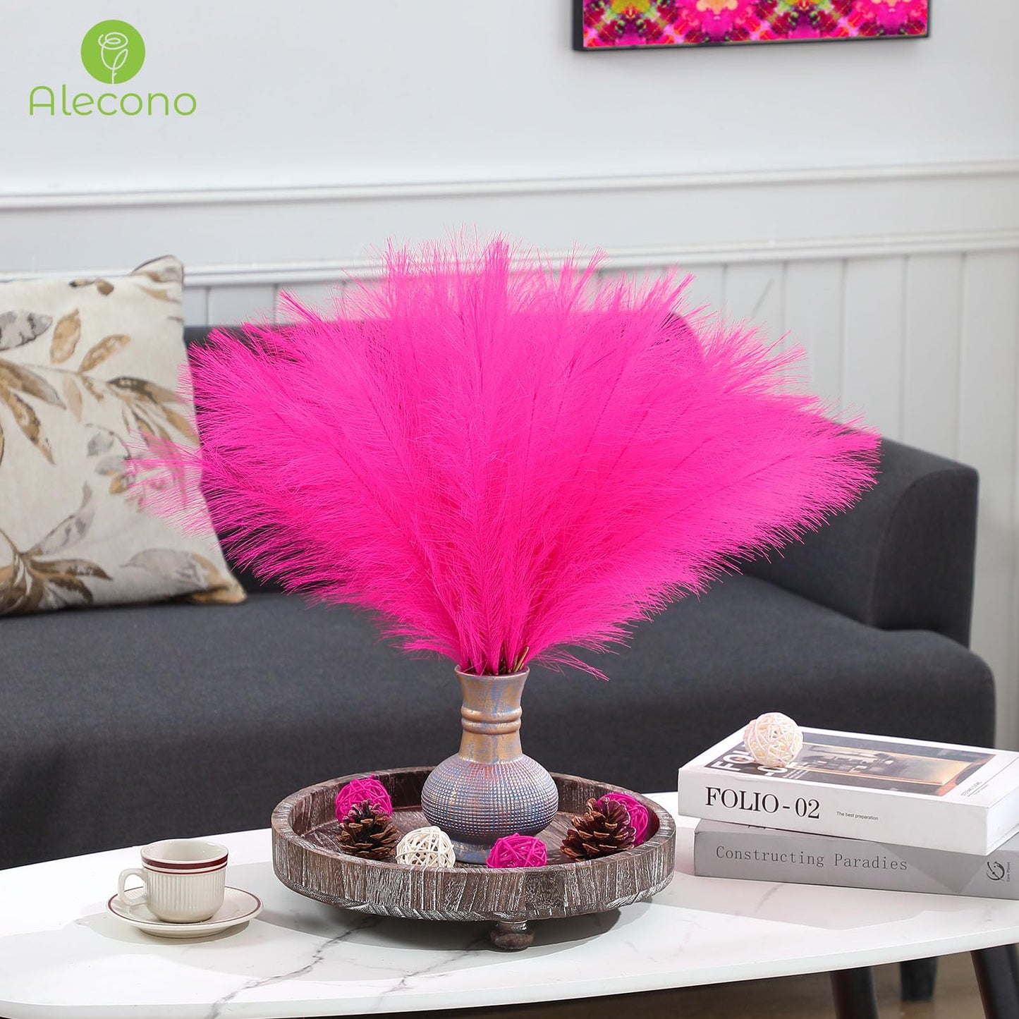 Alecono Hot Pink Pampas Grass 17in 𝟯𝟬𝙋𝙘𝙨, Artificial Faux Fluffy Pampas Grass Decor for Home Wedding Centerpieces Party