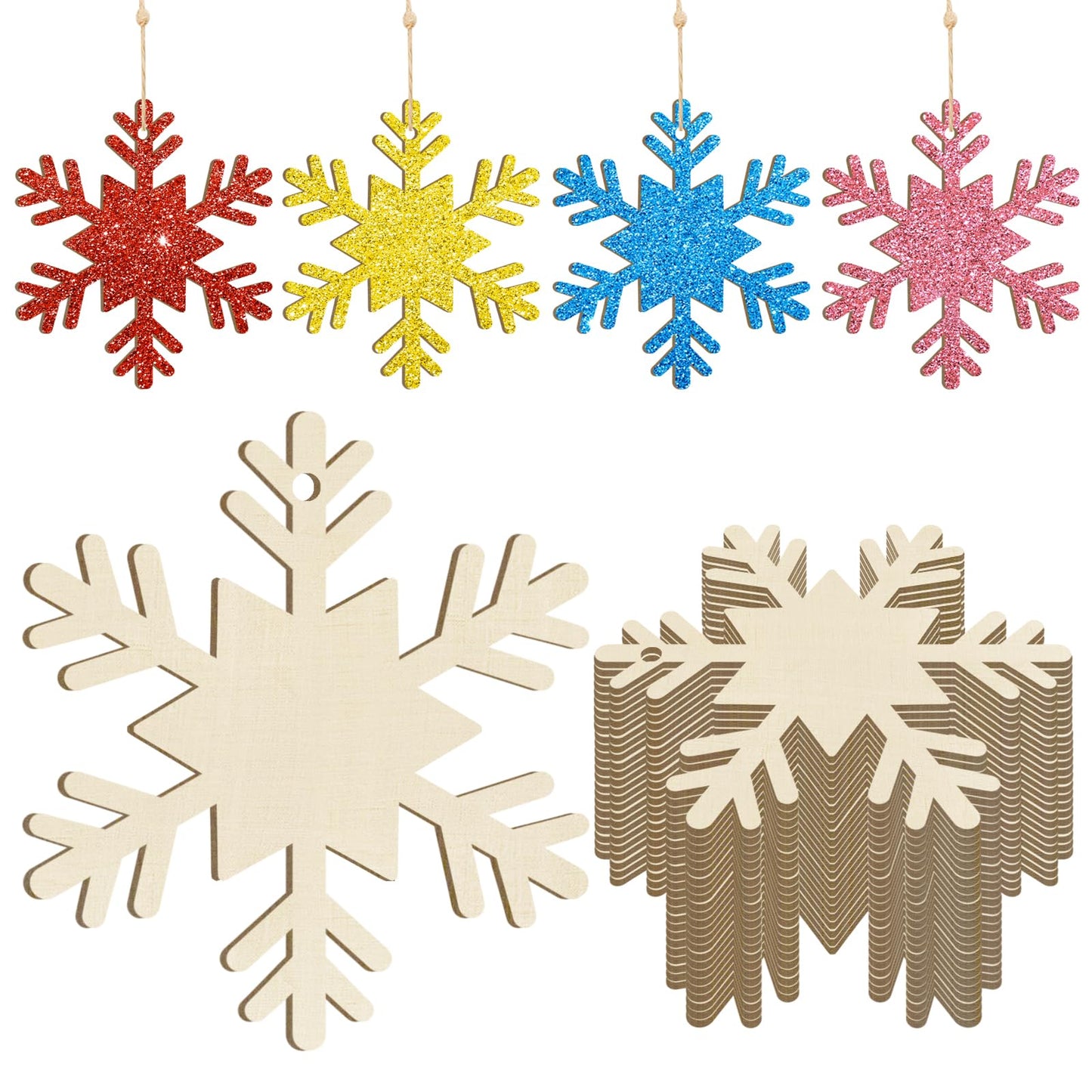 Wooden Christmas Snowflake Ornaments to Paint Christmas Winter Decoration Cutouts Unfinished 24PCS 3.5 inches, DIY Blank Unfinished Christmas Tree Ornament for Home Snowflakes Crafts Hanging
