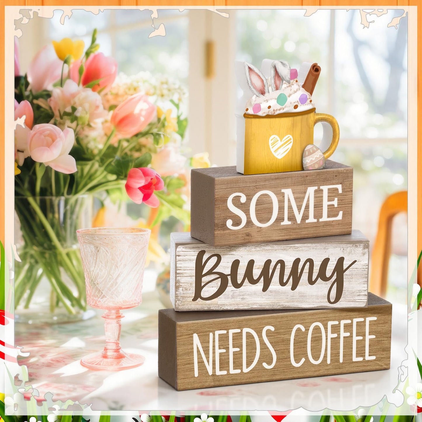 4 Pcs Easter Table Decorations Wooden Coffee Bunny Tiered Tray Decor Happy Easter Centerpiece for Tables Decorative Rabbit Block Signs Gifts Farmhouse Rabbit Decor for Home Kitchen Shelf