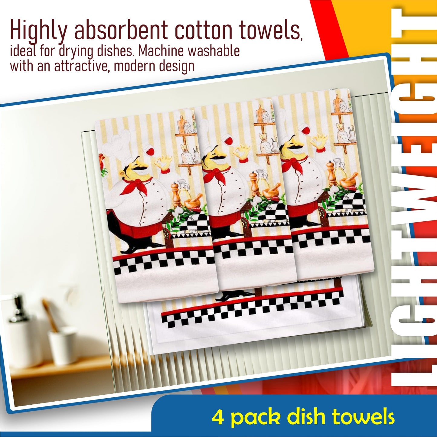 Lobyn 4-Pack Chef Dish Towels – Absorbent Lightweight Kitchen Towels 15x25, Decorative Cooking and Baking Kitchen Décor Towels