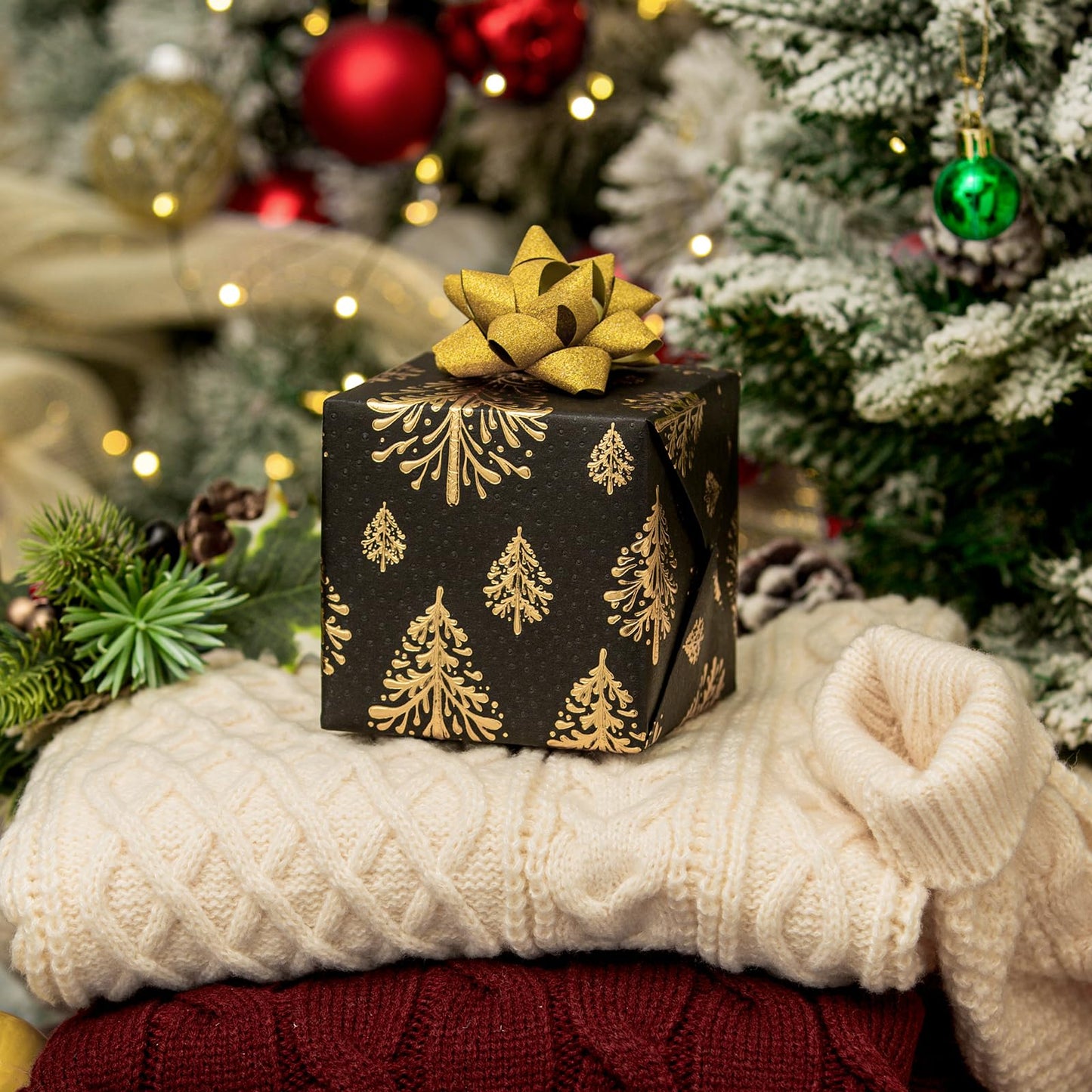 Black Kraf Christmas Wrapping Paper,Gold 3D Embossed Foil Christmas Pine Tree with Woodlands Wrap Paper for Holiday, Party,Celebration, New Year (17 Inch X 32.8 Feet)