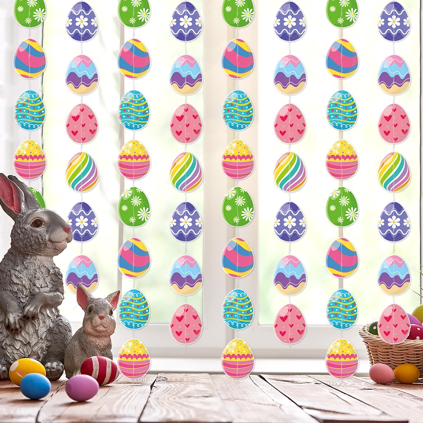 Easter Egg Party Decoration Garland - 8pcs Pastel Rainbow Spring Hanging Paper Streamers, Kids Birthday Favors Gifts Classroom Supplies Banner,Indoor Outdoor Decor Lasting Surprise
