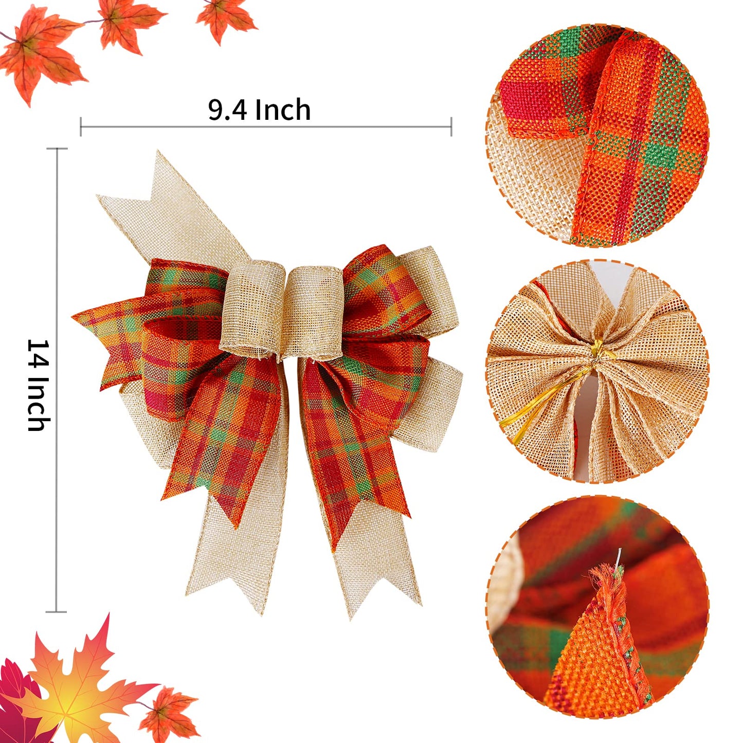 SIMISI RIBBON Fall Bows for Wreaths Orange Buffalo Plaid Burlap Bow for Thanksgiving Tree Topper, Home Indoor Outdoor Decorations (9.5 x 13 inch)
