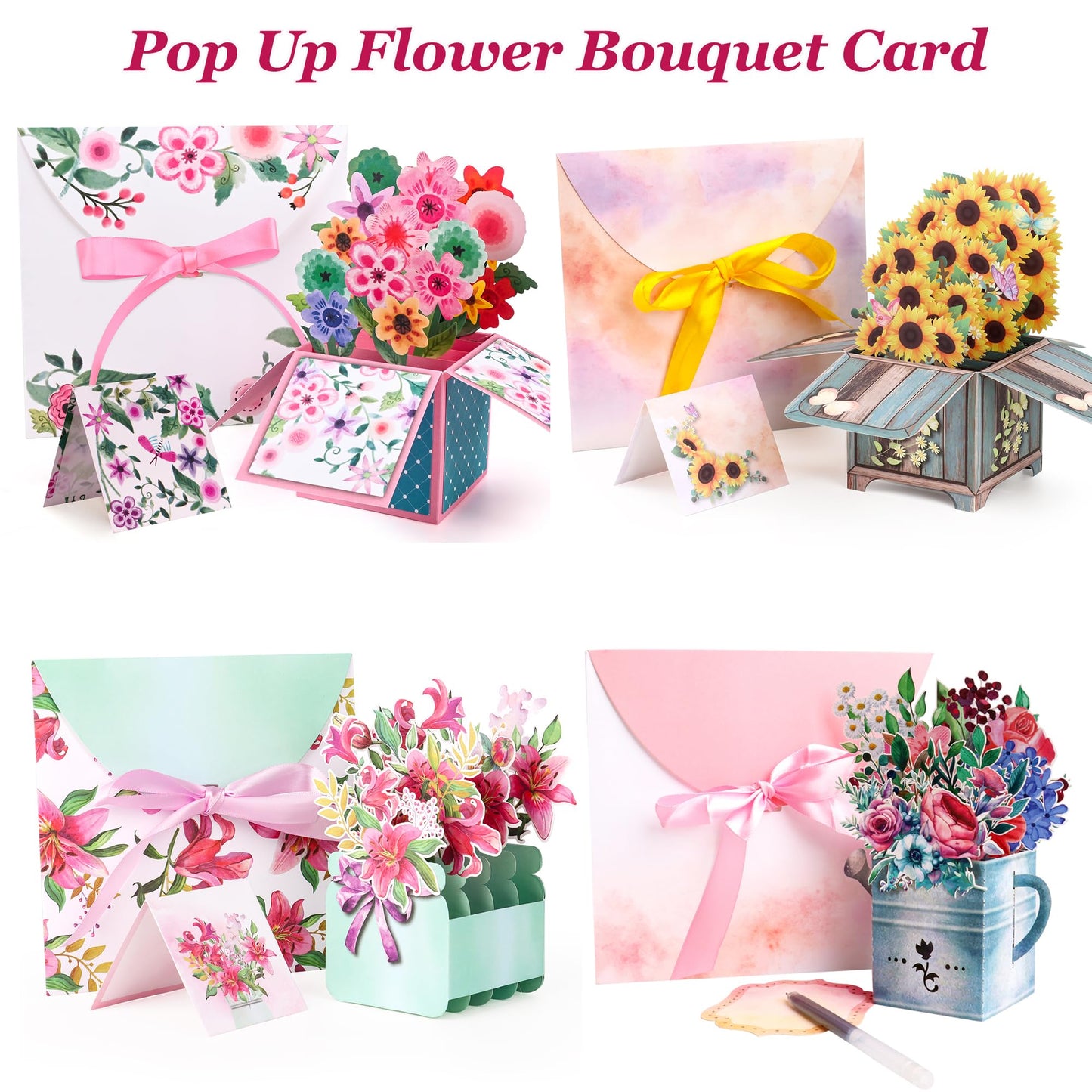 Giiffu 4 Pack Pop Up Flower Bouquet Cards, 3D Paper Flower Greeting Cards with Envelope & Note, Pop Up Birthday Cards for Women, Mothers Day Card, Thank You, Get Well, All Occasion Gift Cards
