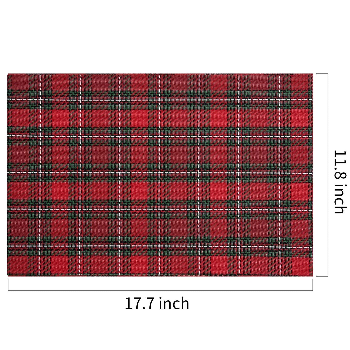 Christmas Placemats Set of 6 for Dining Table Washable Woven Vinyl Non-Slip Placemat Heat-Resistant Durable Table Mats for Dining Table Easy to Clean (Red Grid)