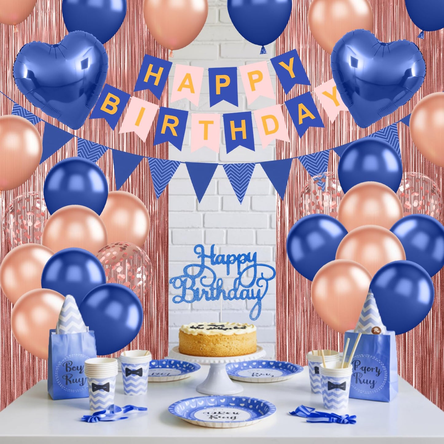 Navy Blue Rose Gold Birthday Decorations,Happy Birthday Banner Fringe Curtain Heart Foil Balloons for Women Girl Boys Men