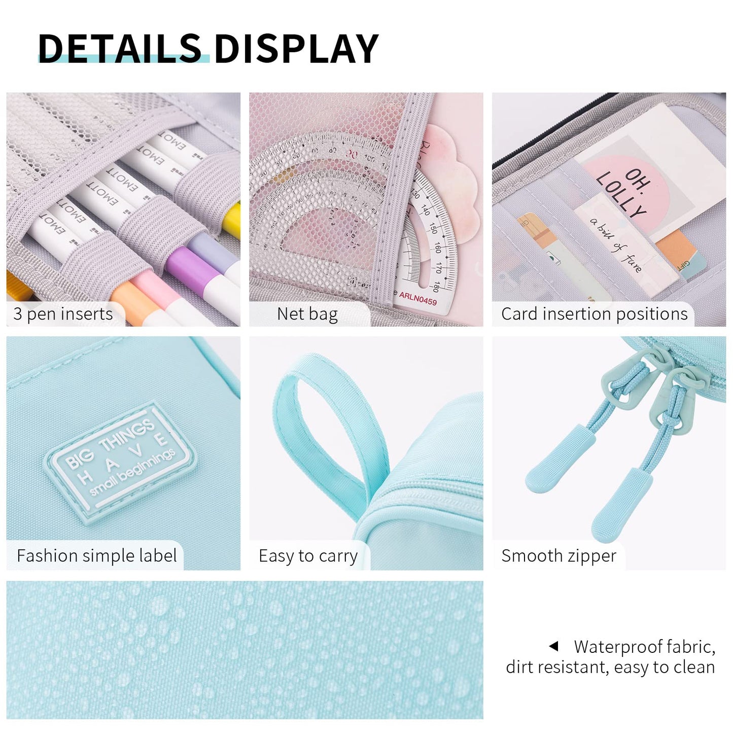 Durable Pencil Case Big Storage Pen Pouch Bag for School Supplies Office College Teen Adults, Light Blue