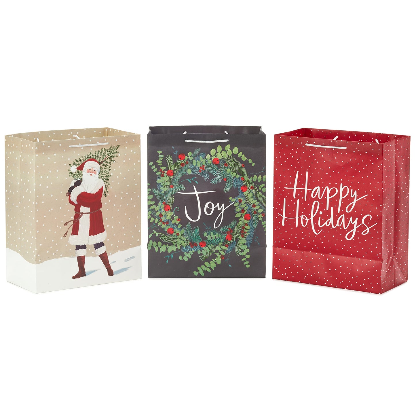 13" Large Christmas Gift Bag Bundle (3 Bags: Joy Wreath on Gray, Rustic Santa with Tree, Happy Holidays on Red) for Friends, Family, Teachers, Coworkers