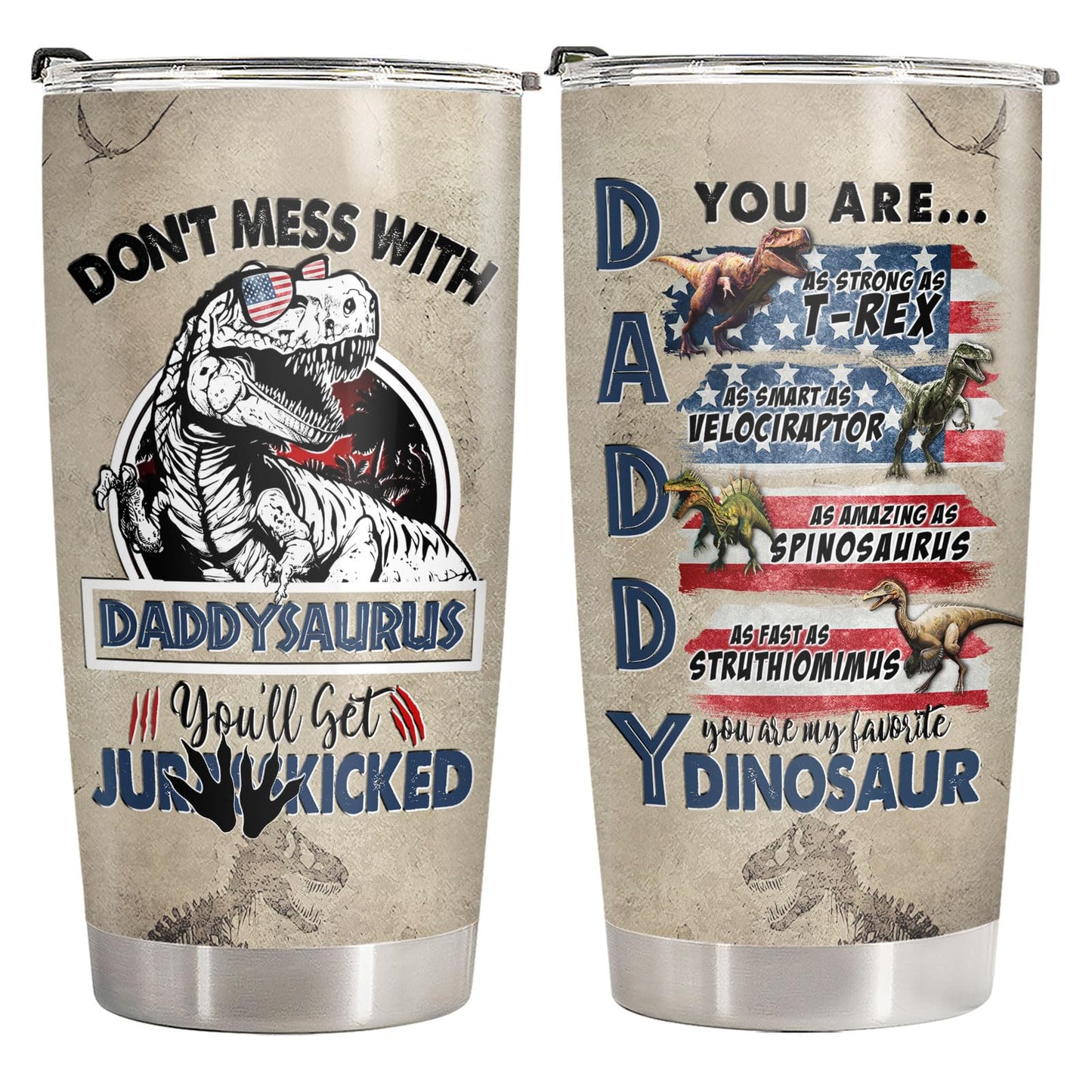 34HD Fathers Day Dad Gifts from Daughter, Dinosaur Dadasaurus Insulated Travel Cup, Don't Mess With Daddysaurus 20oz Tumbler, Funny Jurasskicked Present for Husband & Daddy Papa Stepdad
