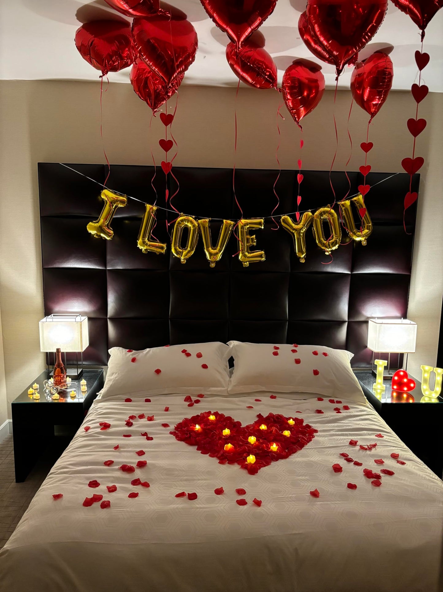 Romantic Decorations Valentines Day, Anniversary, Bedroom Special Night Décor - 3000 Rose Petals, LED & Balloon "I Love You" 36 Heart Candles, 2 Artificial Roses, 144 Red Heart Strings, Heart Balloons