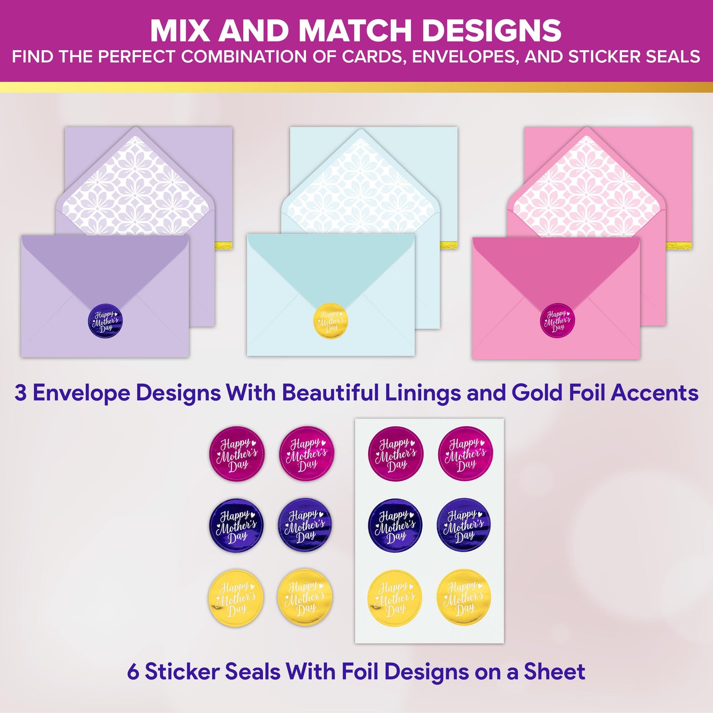Decorably 6 Pack Foiled 5x7in Mothers Day Cards Pack with Envelopes and Stickers, 3 Floral Designs Mother's Day Cards Pack with Printed Message Inside