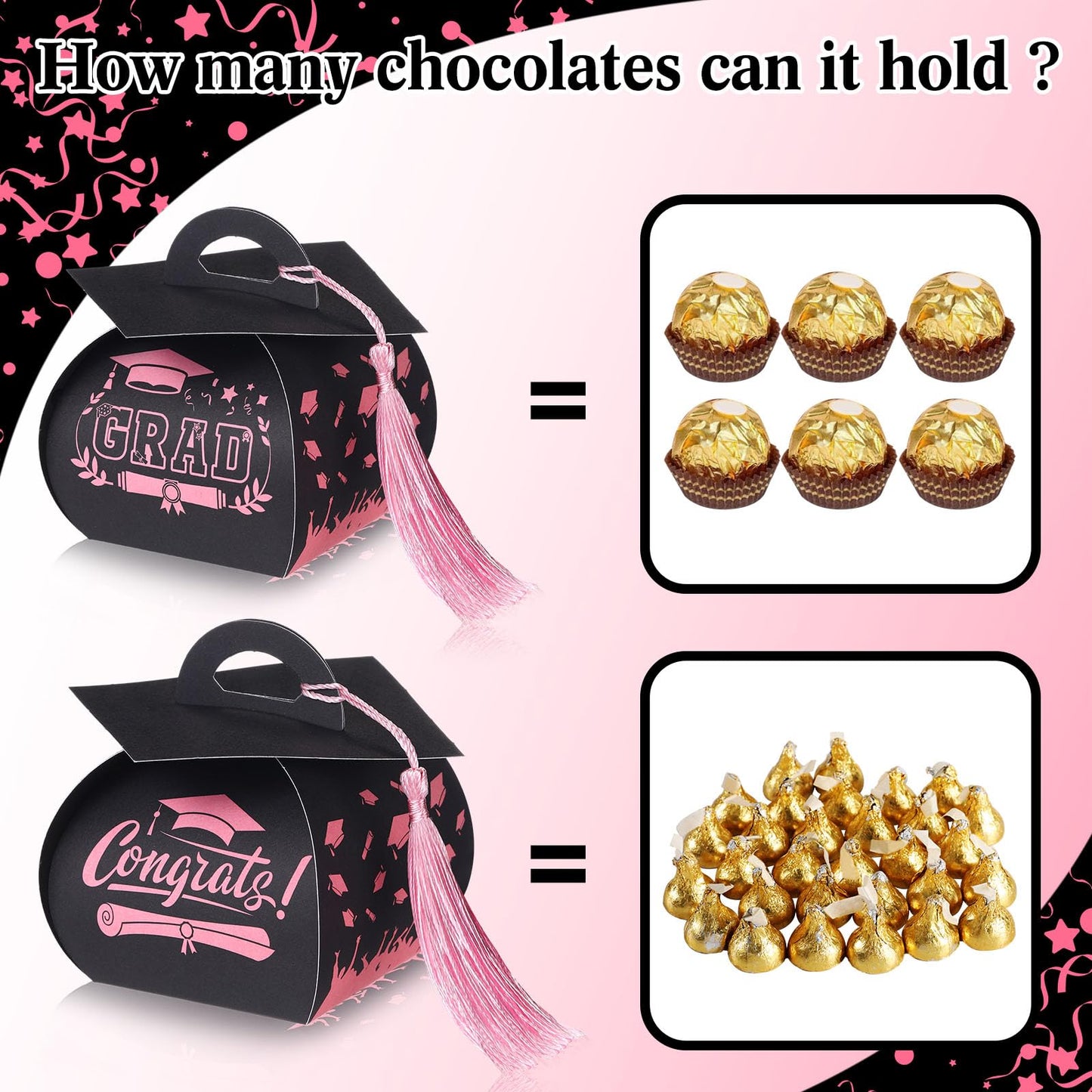TaoBary 30 Pcs Graduation Cap Gift Boxes Graduation Decorations Class of 2026 Candy Box with Tassel for 2026 Grad Party Favors Supplies(Black, Pink)