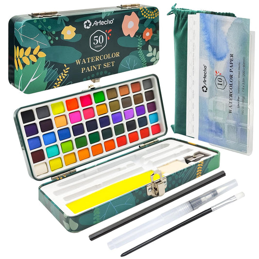Watercolor Paint Set 50 Colors, Travel Watercolor Set with Watercolor Papers and Brushes, Ideal for Amateur Hobbyists, Painting Lovers and Artists