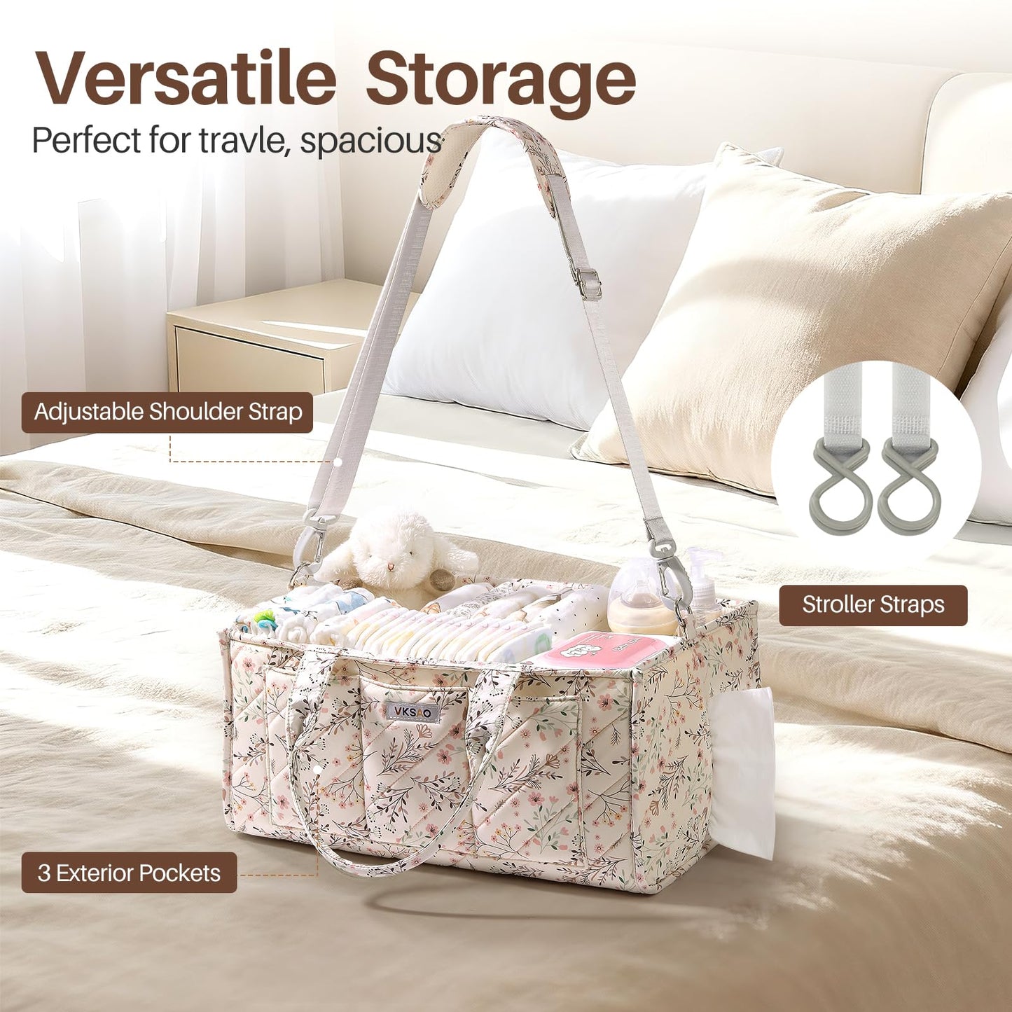 VKSAO Baby Essentials Cute Floral Diaper Caddy Organizer – Portable Storage Basket with Shoulder Strap & Stroller Hooks, Splashproof Quilted Nursery & Car Tote for Baby Shower, Beige Floral