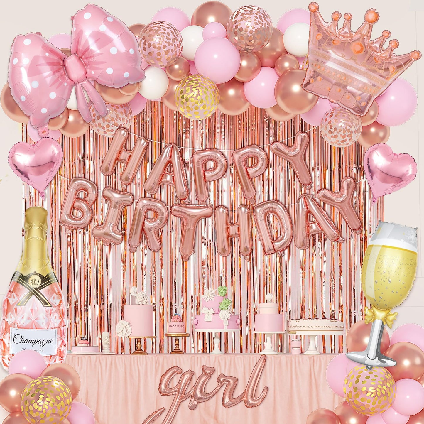 Ouddy Life Rose Gold Birthday Decorations for Women Girls, Happy Birthday Champagne Bottle Crown Heart Bow Foil Confetti Balloons Fringe Curtains Paper Tassel for 16th 18th 21st 24th Birthday Decor