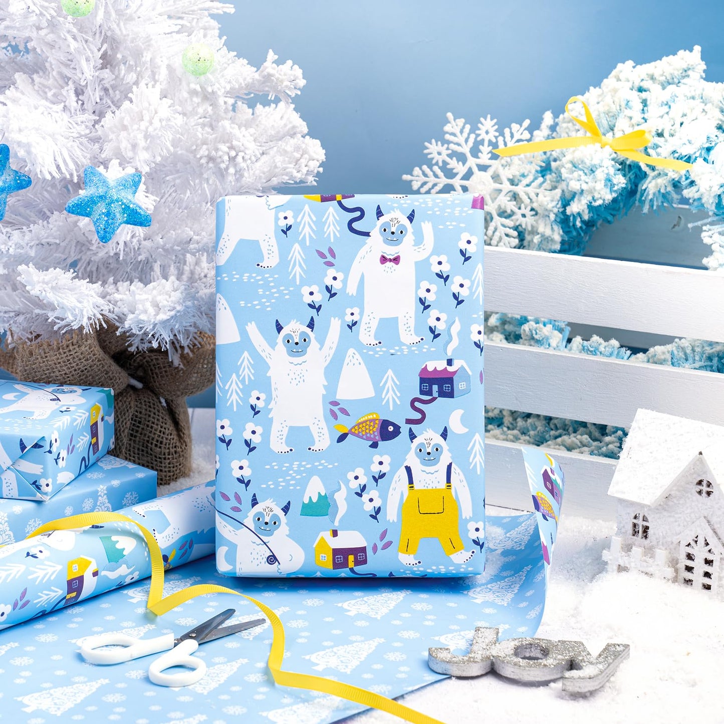 Reversible Christmas Wrapping Paper - Mini Roll - 17 Inch x 33 Feet - Winter Snow Monster and Christmas Tree Wrapping Paper for Xmas Holiday, Party Celebration