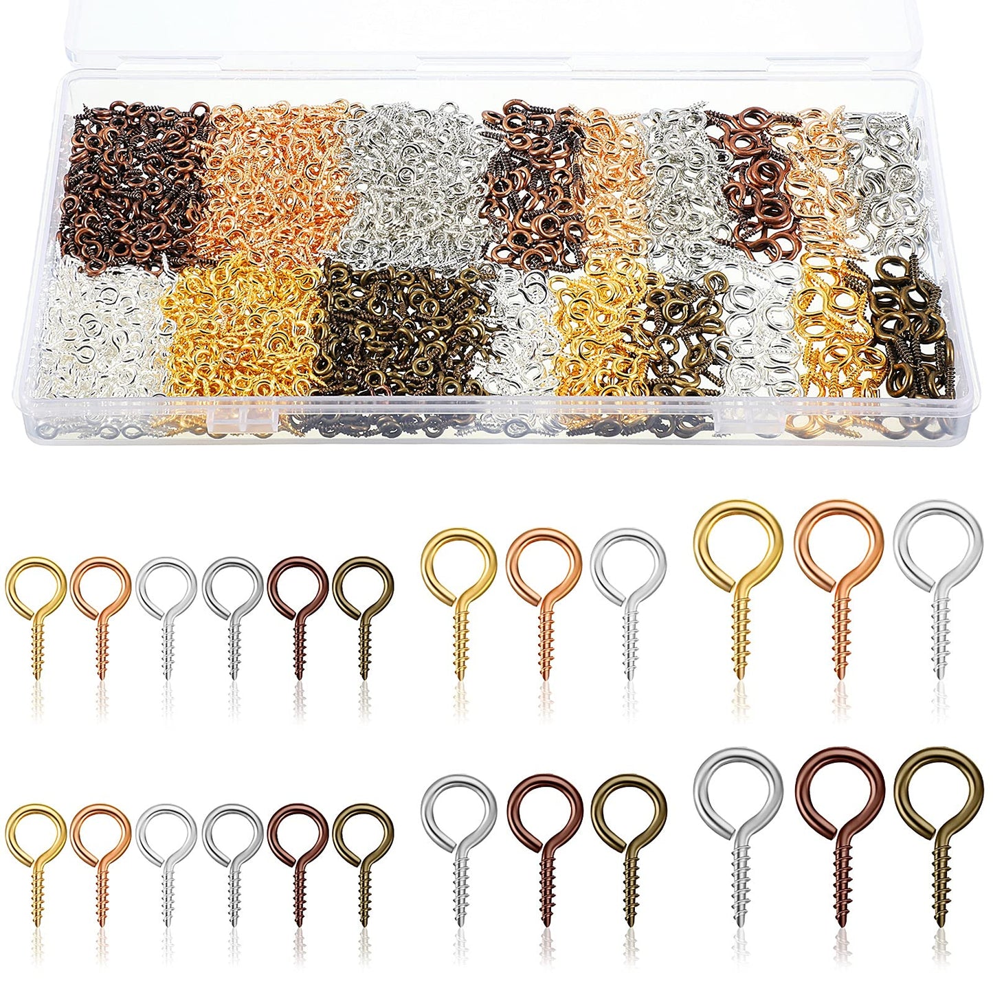 600 Pcs Screw Eye Pins Hooks 6 Colors Small Metal Eyelet Mini Screw Pin Peg Self Tapping Eye Hooks for Jewelry Making DIY Art Crafts(4 x 8 mm, 5 x 10 mm, 6 x 13 mm)