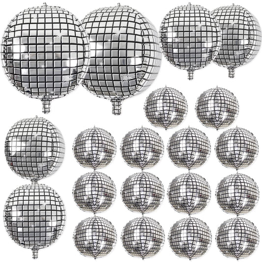 20Pcs Disco Ball Balloons Different Sizes- 4D Large Disco Balloons 32” 22” 10 Inch Assorted Round Metallic Silver Disco Mylar Balloons for 70s 80s Disco Themed Birthday New Year's Party Decor Supplies