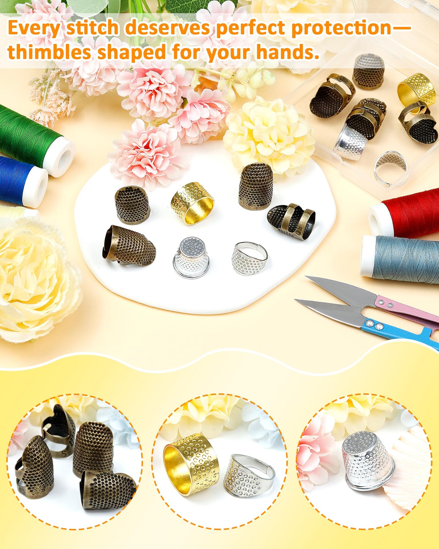 Thimble Kit– 7 PCS Sewing Thimbles for Hand Sewing, Metal Finger Protectors, Thimble Ring for Quilting and Embroidery