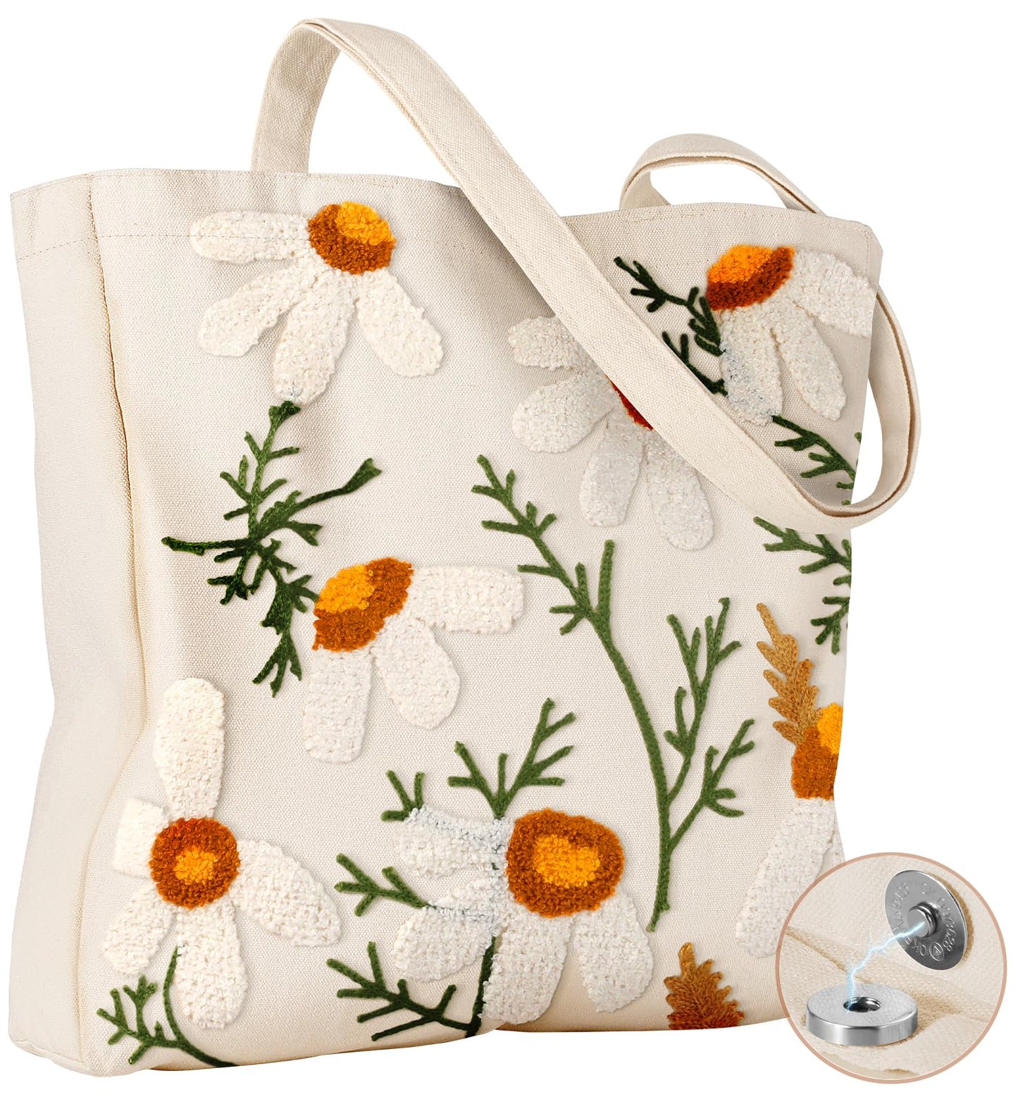 Miss Adola Aesthetic Embroidery Tote Bag for Women - Reusable Canvas Cloth Shoulder Bag with Cute 3d Full Daisy Embroidered Designer Shopping Bag for Grocery, Work, Book, Vacation