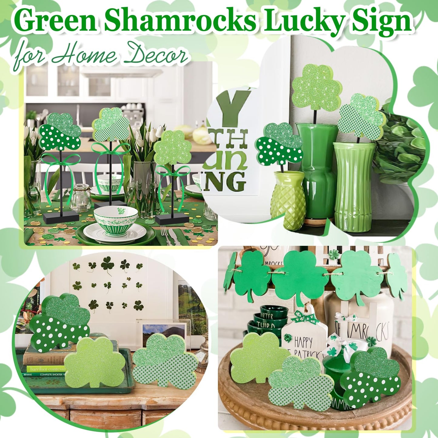 3 Pieces St. Patrick's Day Tiered Tray Decor, St. Patrick's Table Decor Shamrock Wooden Set, Irish-Themed Shamrock Decor, Green Lucky Shamrocks for Home Decor (Light Green)