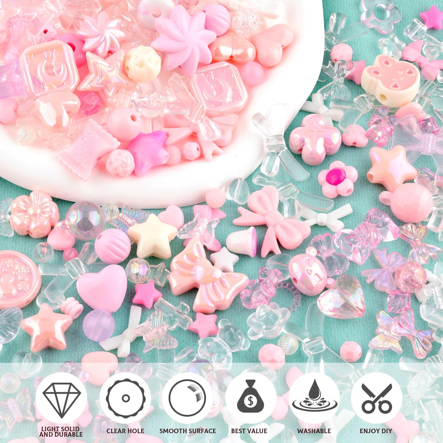 TINKRSTUFF Assorted 170-230PCS Pink Acrylic Beads for Bracelet Making, Flower Bow Butterfly Candy GummyBear Aesthetic Bracelet Charms,Cute Beads for Jewelry Making DIY Necklace Keychain Phone Charm